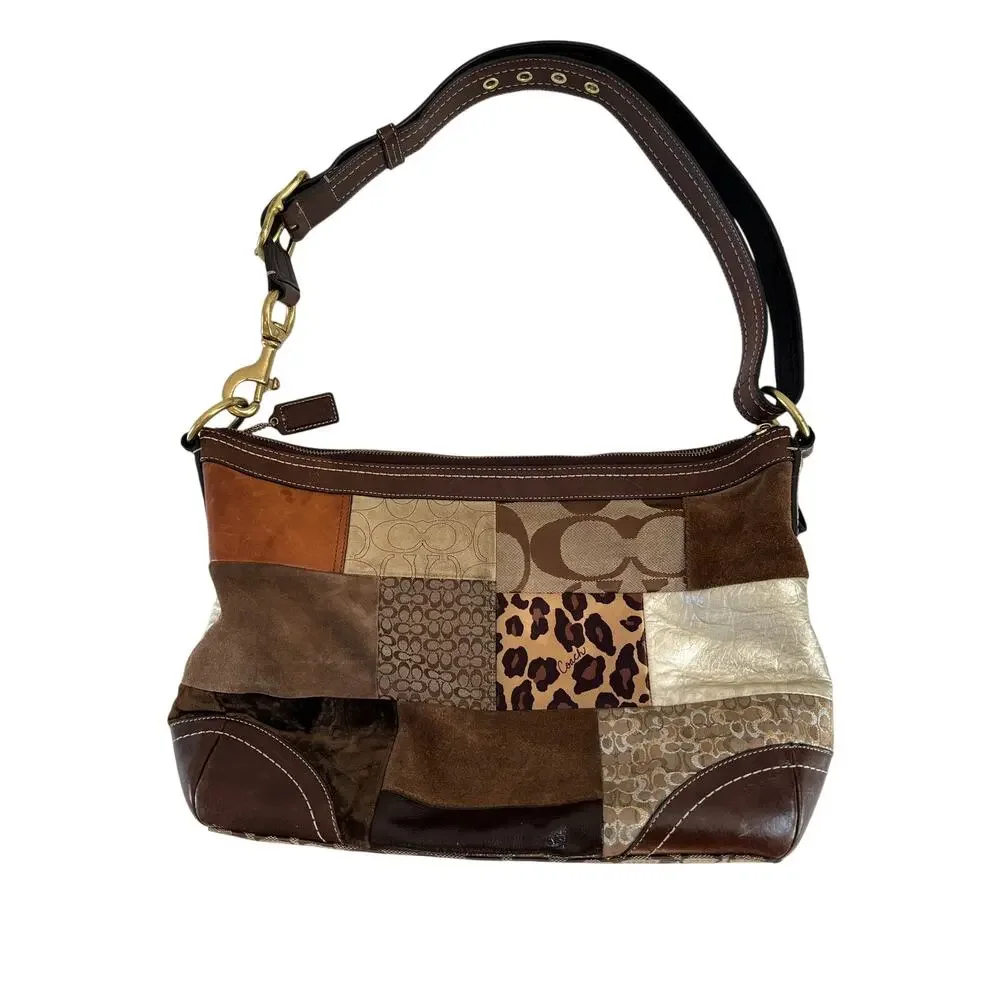 Vintage Coach F0893-F12842 Patchwork Jacquard Leopard Brown Leather Bag Y2K Boho - Picture 3 of 16